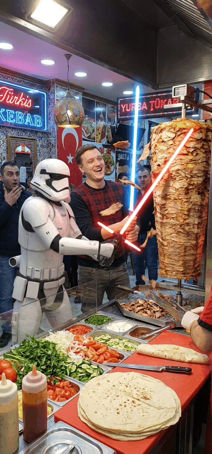 Stormtrooper and friend cutting kebab with lightsabers